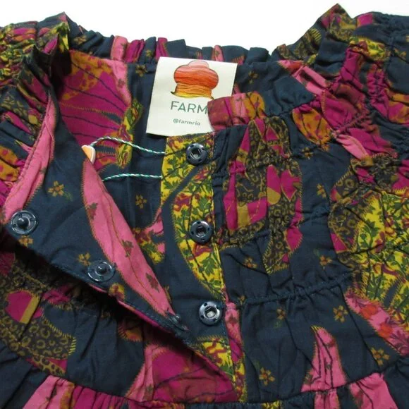 NWT FARM Rio Patchwork Bananas Mini in Navy Cotton Babydoll Dress S $195